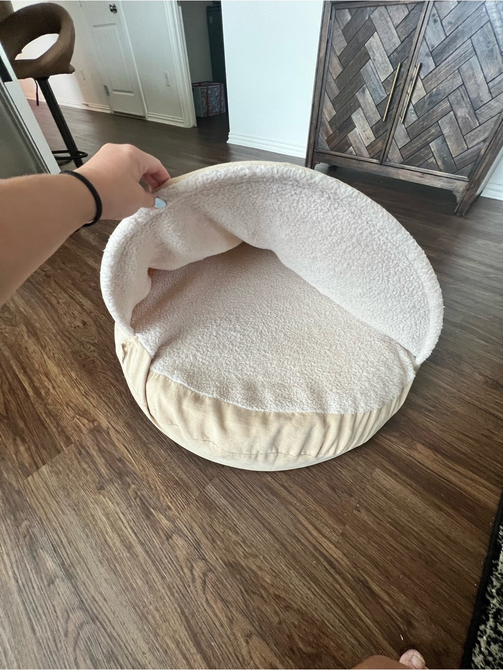 Dog Bed with Hood in Cream, Sherpa lined